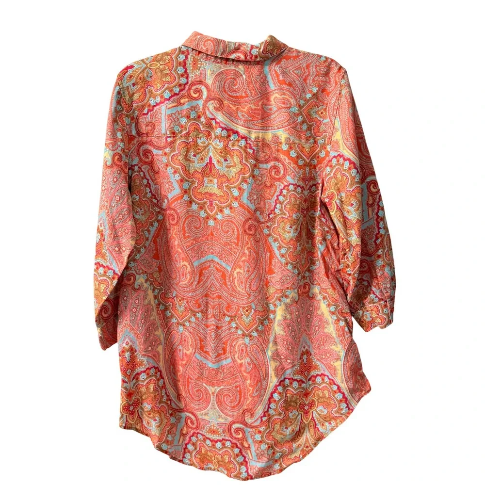 Chicos No Iron Linen Paisley Button Down Shirt Orange Blue Size 1 Medium